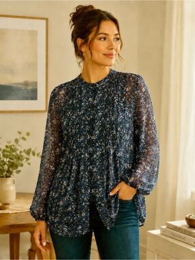 Blue Floral Sheer Long-Sleeve Blouse